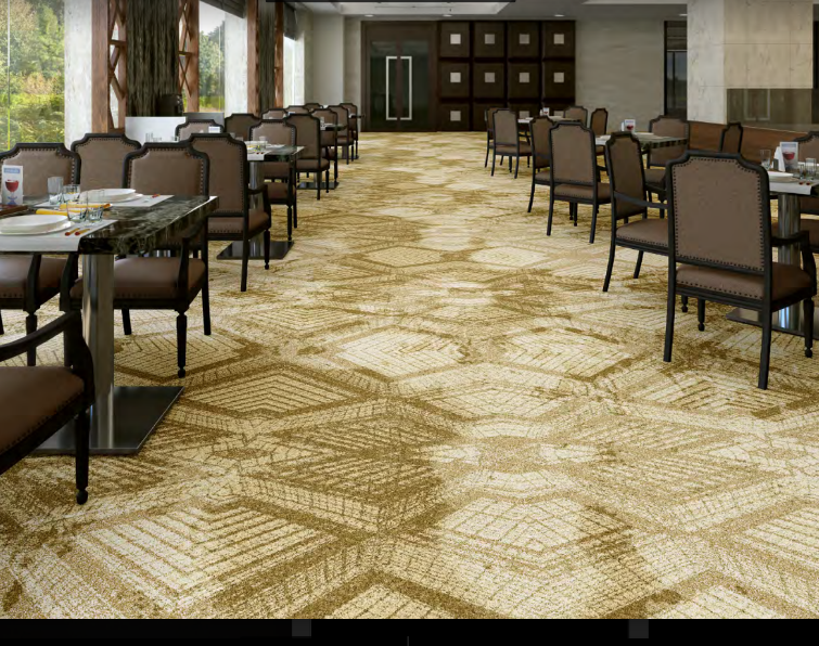 restaurant interior having brown and yellow mix carpet tiles flooring